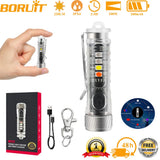 BORUiT Powerful LED Mini Keychain Flashlight 1000LM Work Light Waterproof USB Rechargeable Portable Torch with UV Pocket Lantern
